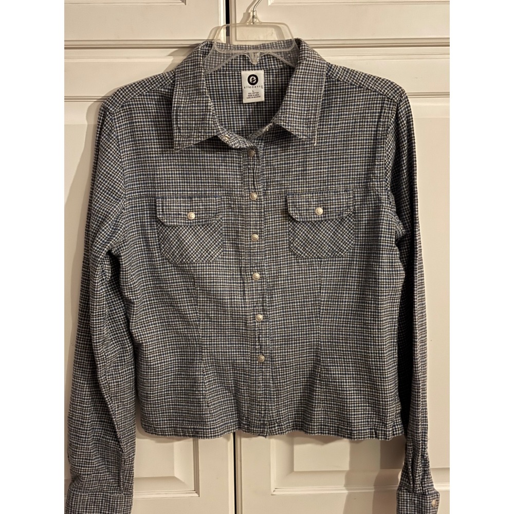 Ellemenno‎ Womens Blue Houndstooth Cotton Button Down Shirt Long Sleeve Large